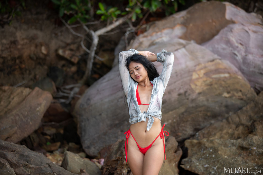 Sultry Thai Beauty Bua Strips Skimpy Red Bikini