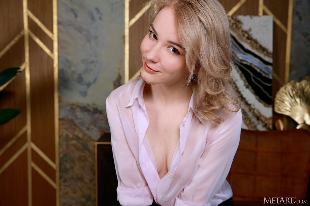 Polly White Unbuttons Sheer Blouse For A Closer Look At Her Perky Breasts