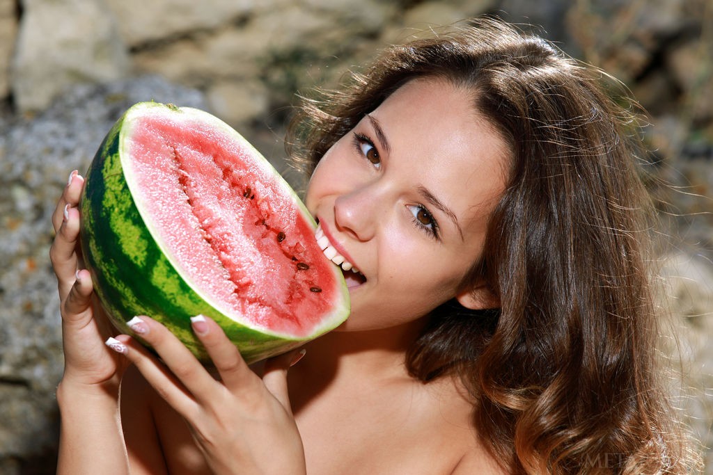 Emmy - Having fun with watermelon naked outdoors photo shoot