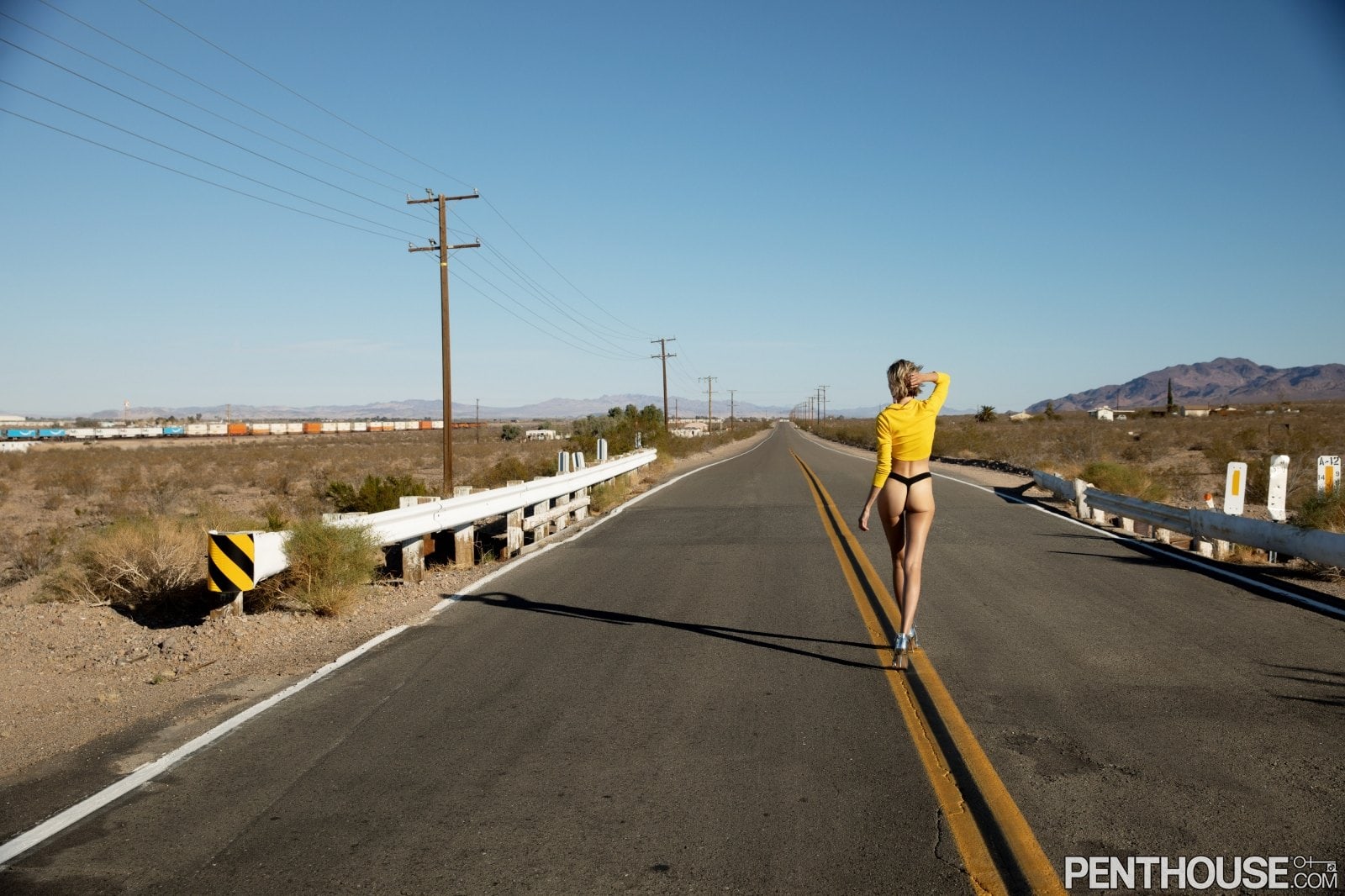 Penthouse special babe Anna Lisa Wagner posing nude on the open road